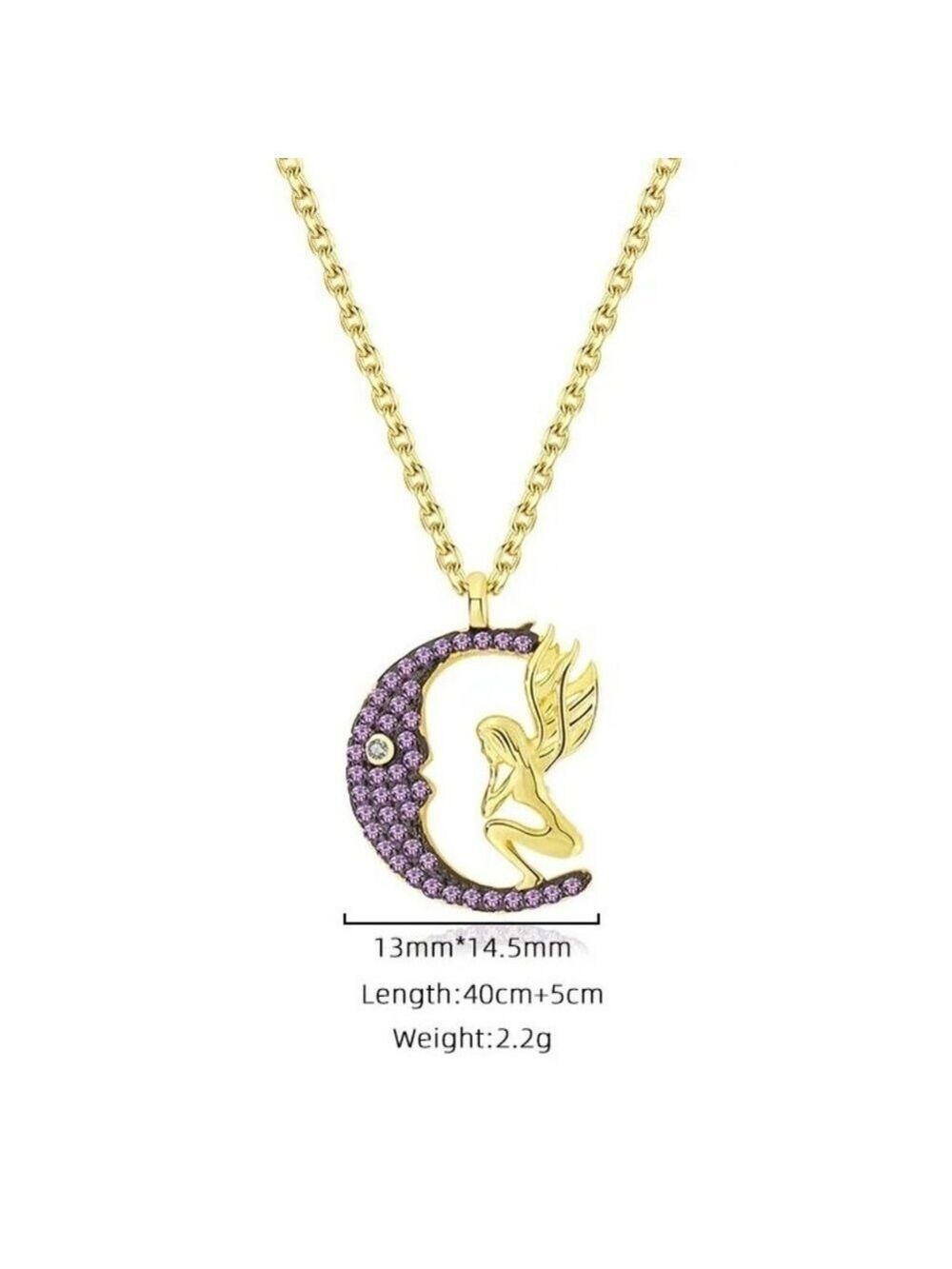 925 Sterling Silver Plated with 18k Yellow Gold Angel On Moon CZ Pendant